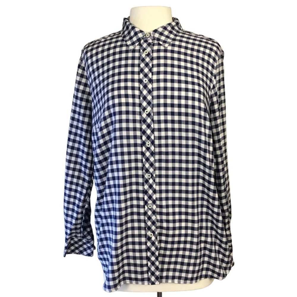 Talbots Long Sleeve Classic Cotton Button Front Shirt Navy White Gingham XL